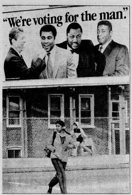 In an attempt to lure black voters to the Republican ticket, boxers Muhammad Ali, George Frazier and Floyd Patterson appear with President Reagan on a Reagan-sponsored billboard on Chicago's South Side.