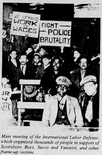 Mass meeting of the International Labor Defense, which organized thousands of people in support of Scottsboro Boys, Sacco and Vanzetti, and other frame-up victims