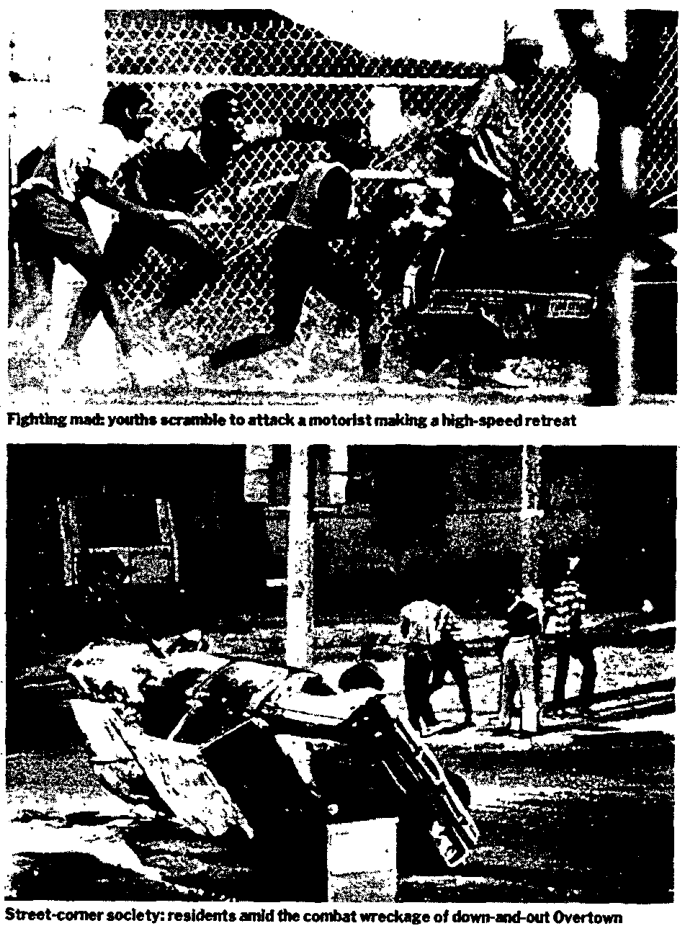 Top: Fighting mad: youths scramble to attack a motorist making a high-speed retreat Bottom: Street-corner society: residents amid the combat wreckage of down-and-out Overtown